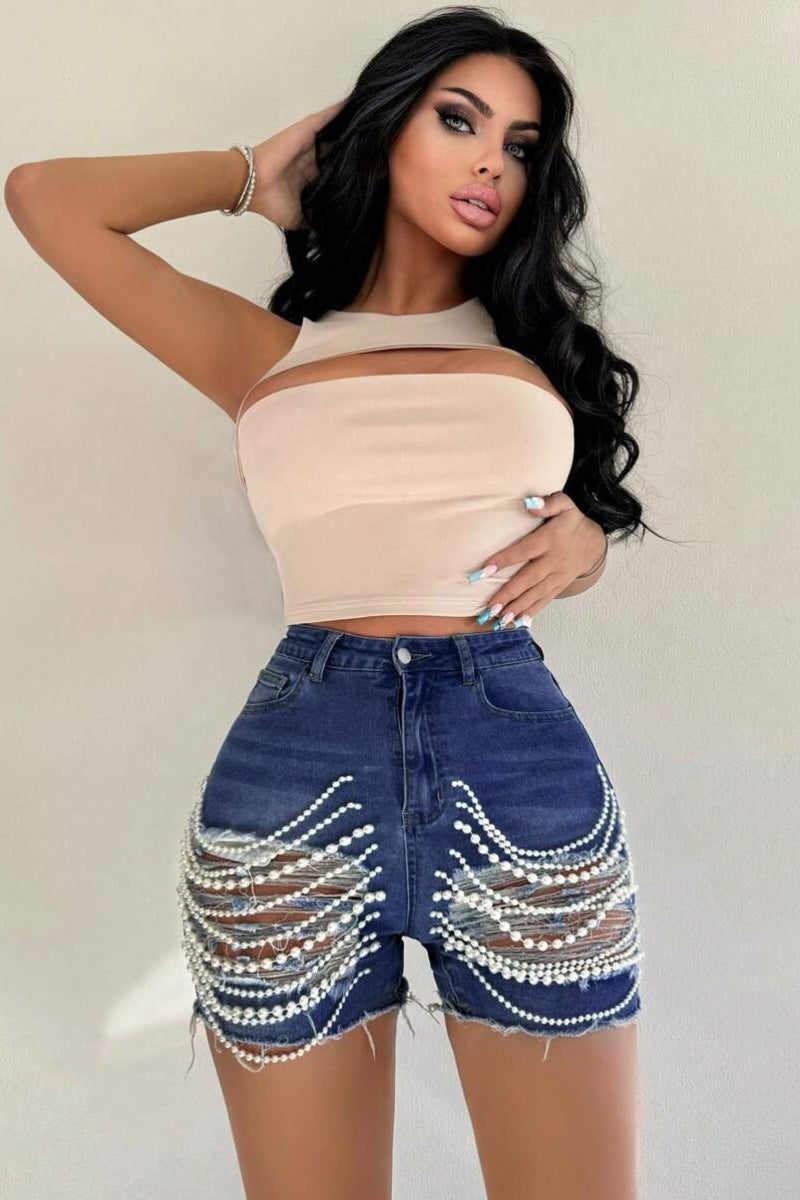Beaded Chain Ripped High Waist Denim Shorts image 7