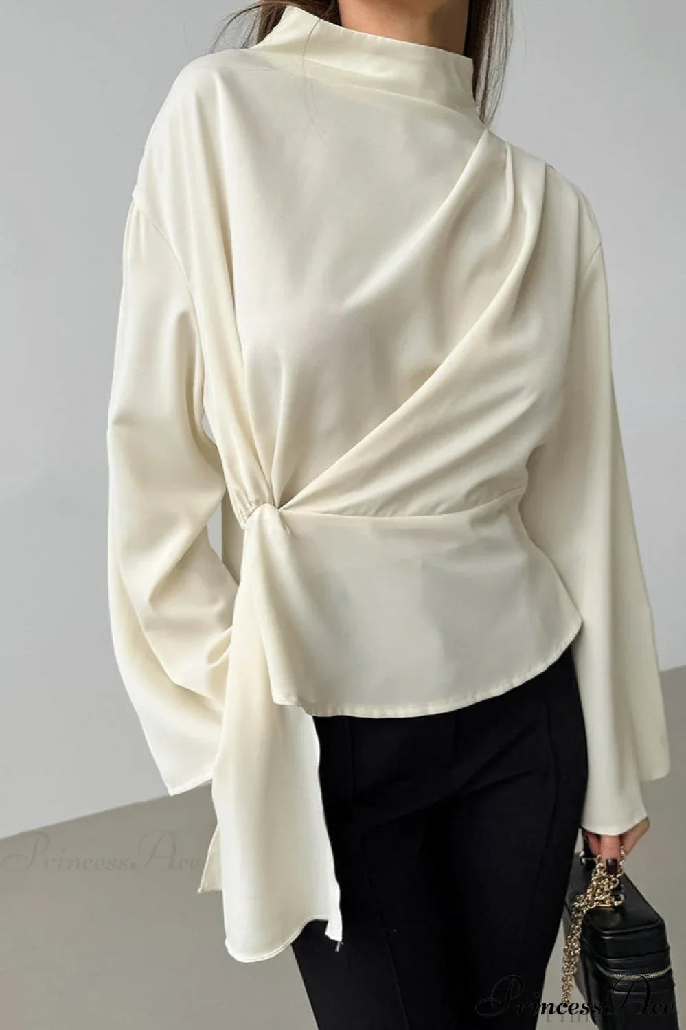 Beige Chiffon Tie Waist Flared Sleeve Blouse image 2