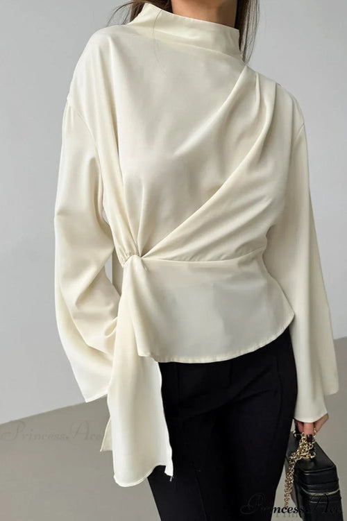 Beige Chiffon Tie Waist Flared Sleeve Blouse image 2