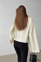 Beige Chiffon Tie Waist Flared Sleeve Blouse image 3