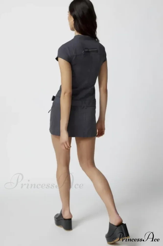 Belted Cargo Mini Charming Dress In Grey image 10