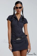 Belted Cargo Mini Charming Dress In Grey image 1