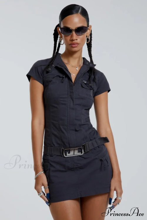 Belted Cargo Mini Charming Dress In Grey image 1