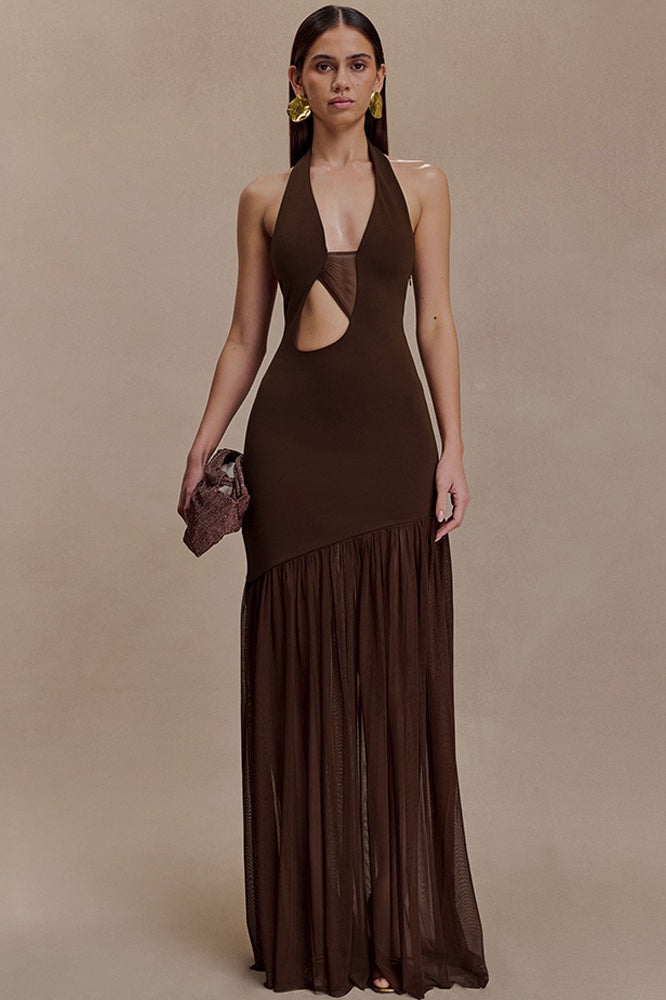 Asymmetrical Cutout Shirred Backless Fitted Maxi Dress image 5