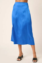 Rhea Satin Skirt detail view styled for Avrienne