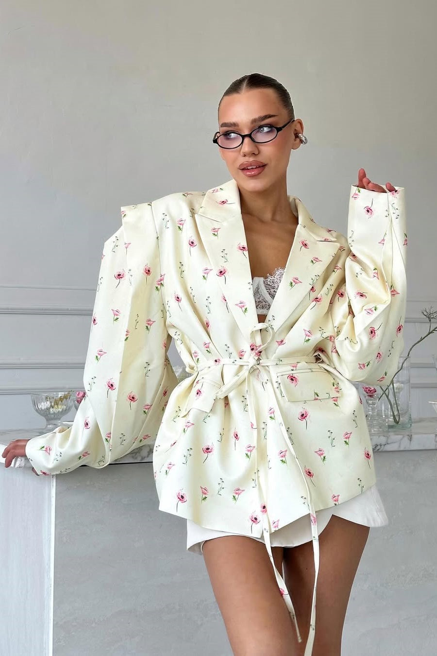 Long Sleeve Printed Waist Tie Blazer image 1