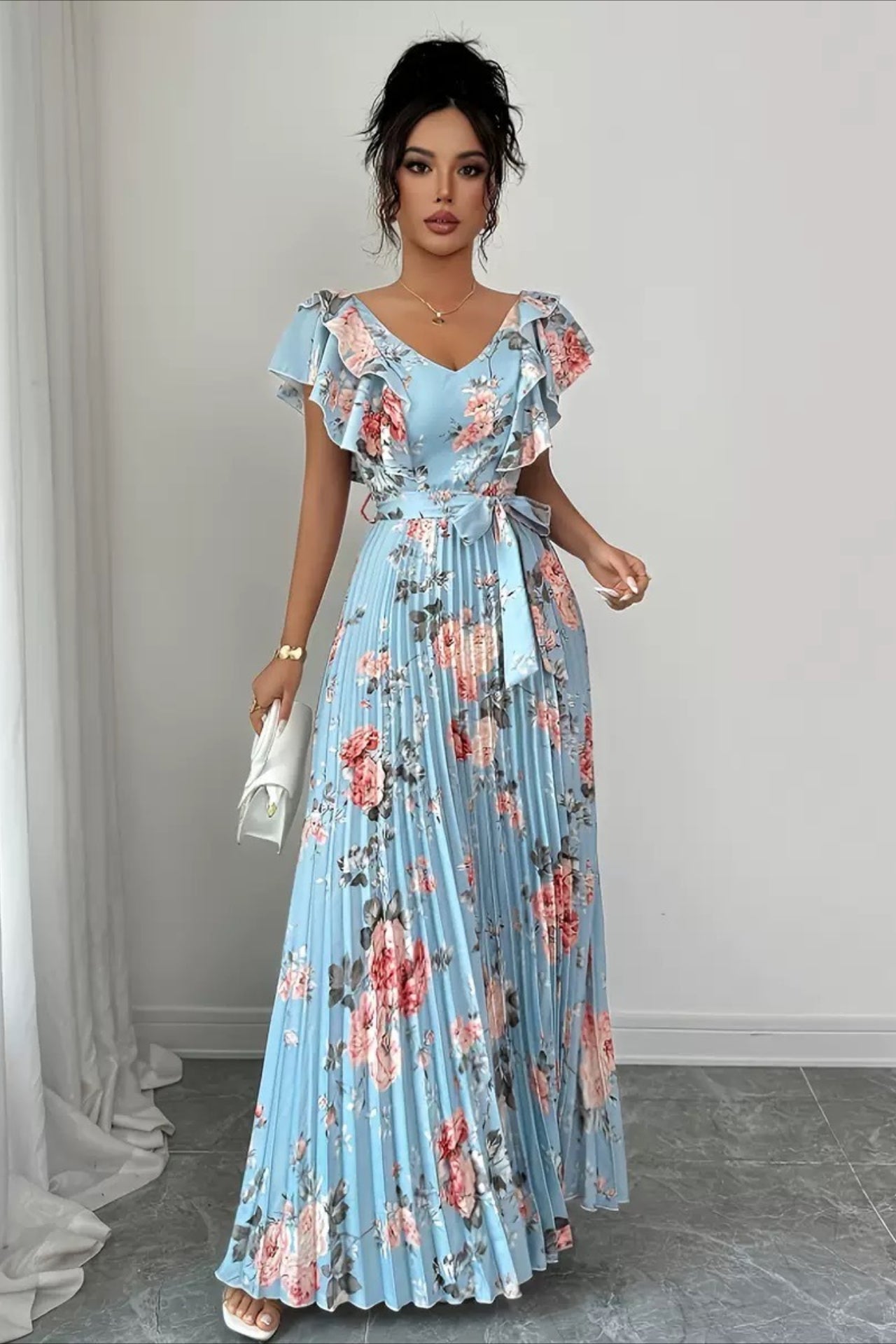 Floral Print Ruffle Sleeve V Neck Pleated Elegant Maxi Dress image 7