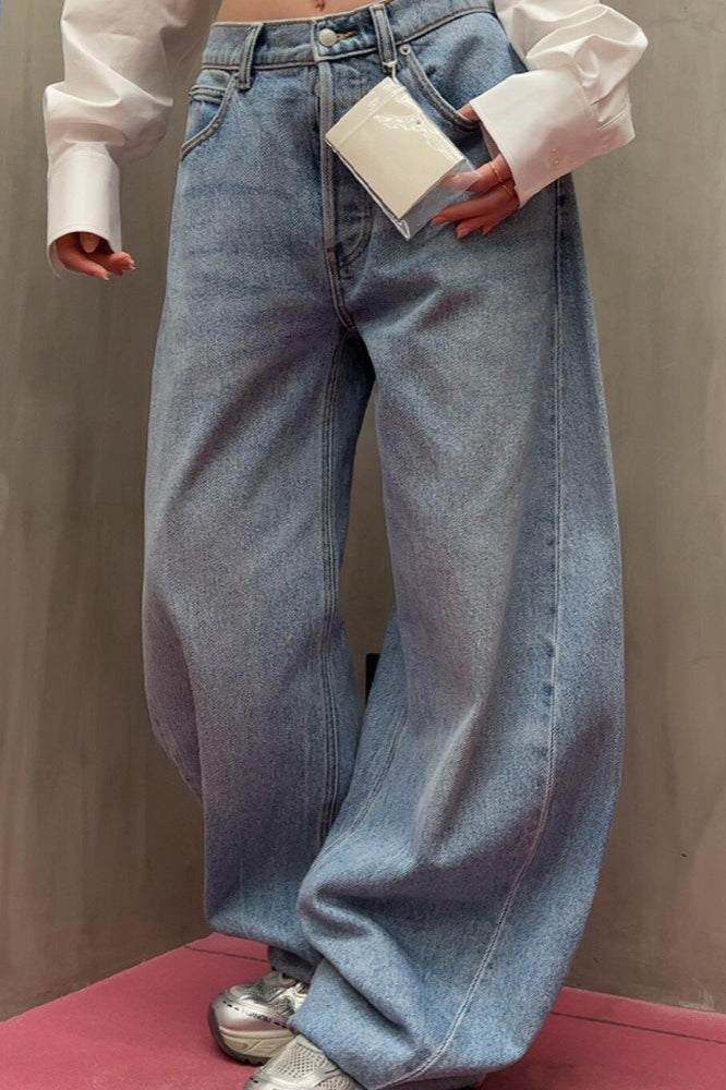 Loose Floor Length Curved Leg Washed Letter Embossed Jeans image 5