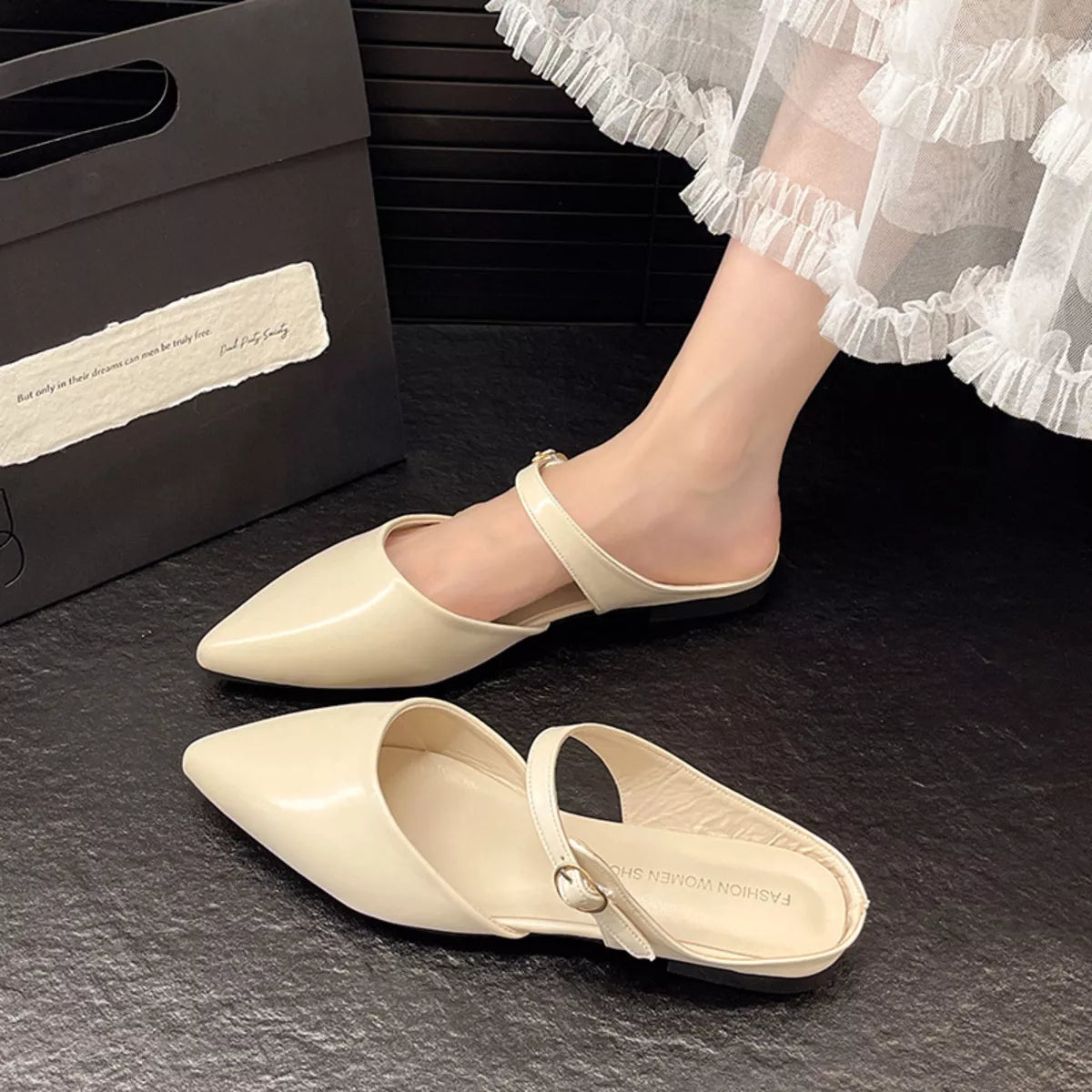 Amelie Flat Sandals detail view styled for Avrienne