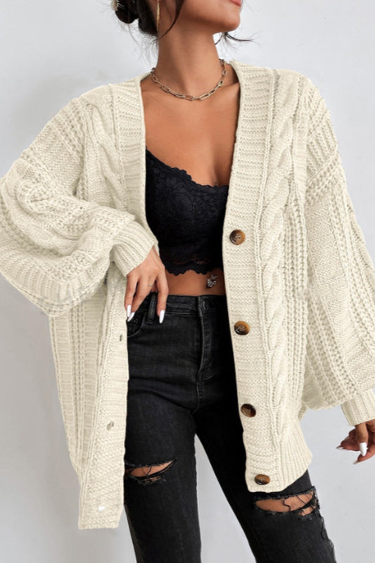 V-Neck Vintage Cable Knit Balloon Sleeve Cardigan image 4