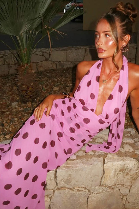 Vintage Polka Dot Halter V-neck Maxi Dress image 3
