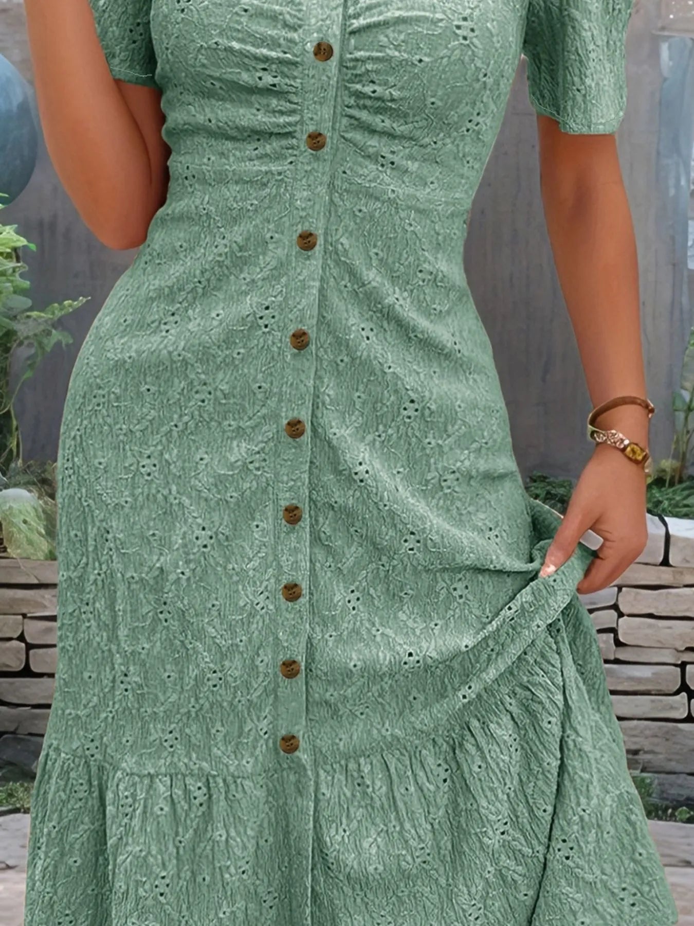 Selene Eyelet Midi Dress detail view styled for Avrienne