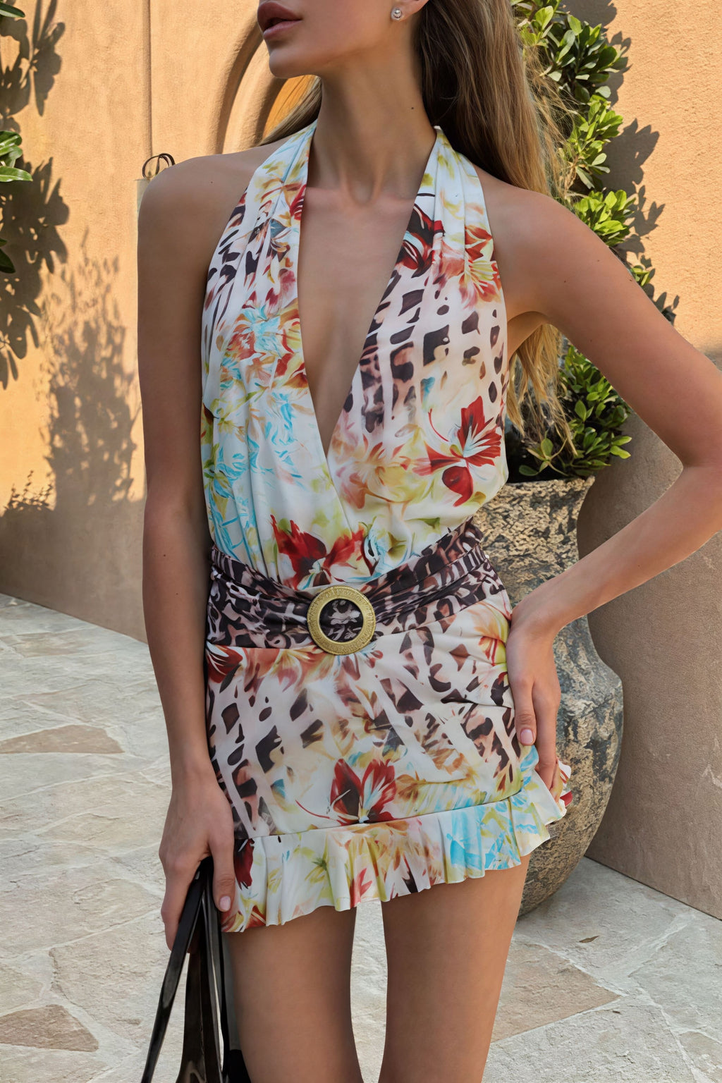 V Neck Halter Tie Back Mini Dress image 2