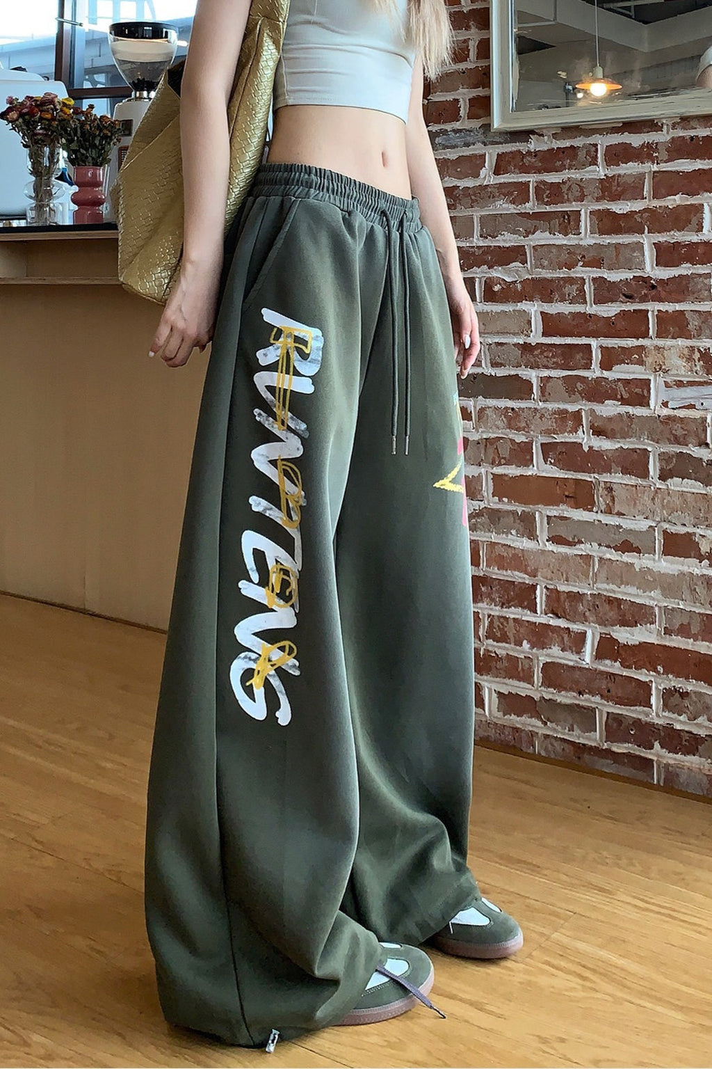 Retro High Waist Drawcord Graphic Sweat Pants image 4