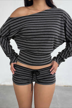 Striped Print Asymmetrical Shoulder Two Piece Set image 3