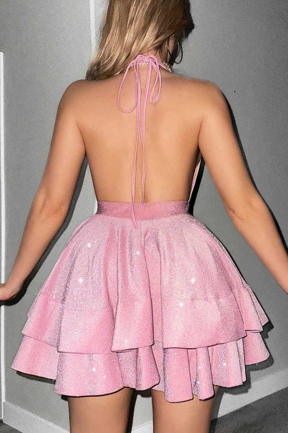 Shiny Deep V Ruffle Flared Mini Dress image 3