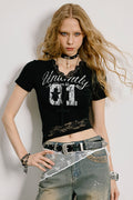 Lace Patchwork Cropped Slim T-shirt image 1