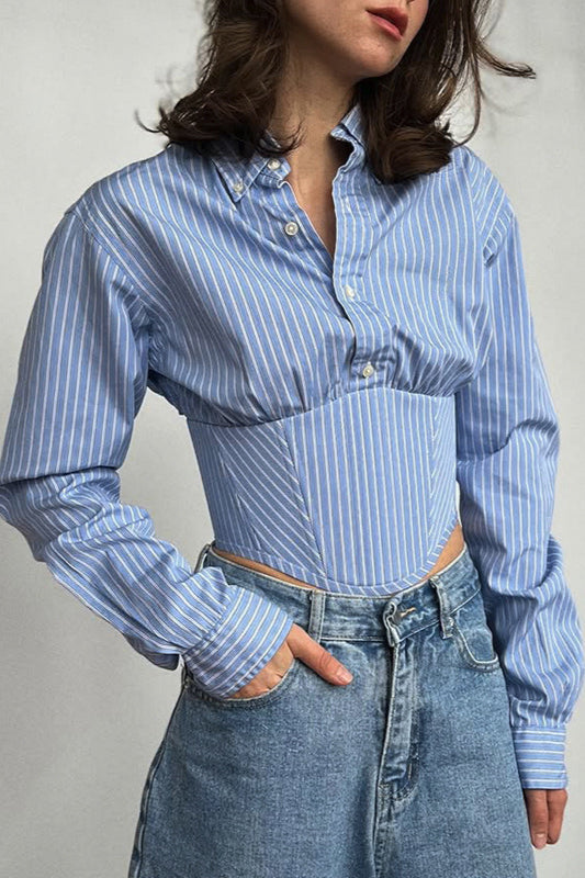 Striped Waist Cinched Collared Short Blouse image 1