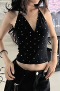 Polka Dot V Neck Cropped Halter Top image 1