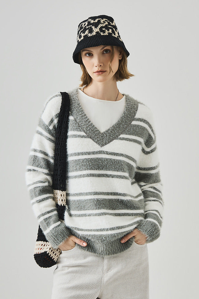 Striped V Neck Loose Long Sleeve Knit Sweater image 2