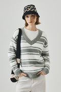 Striped V Neck Loose Long Sleeve Knit Sweater image 2