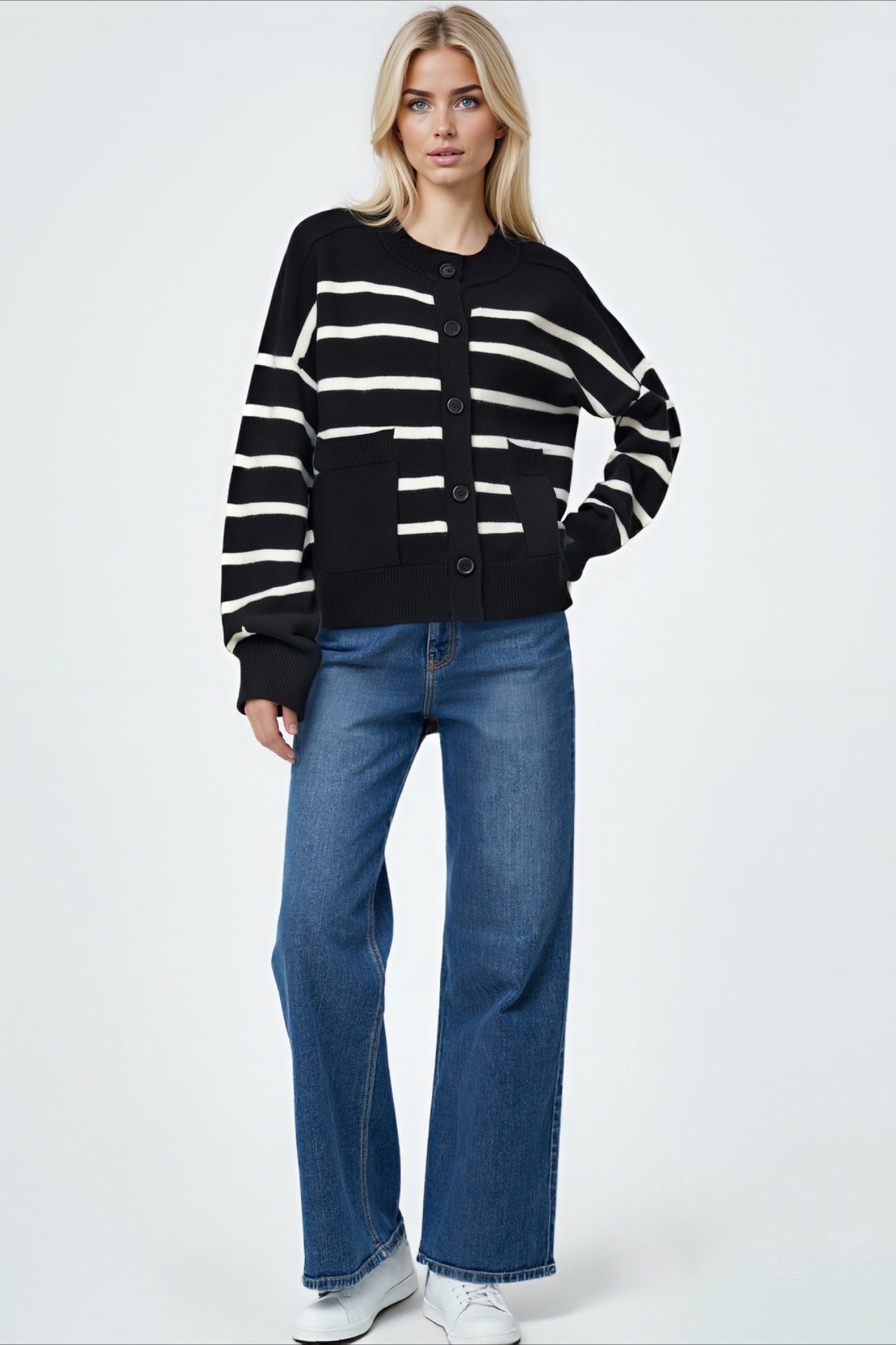 Crew Neck Striped Button Pocket Knit Cardigan image 6