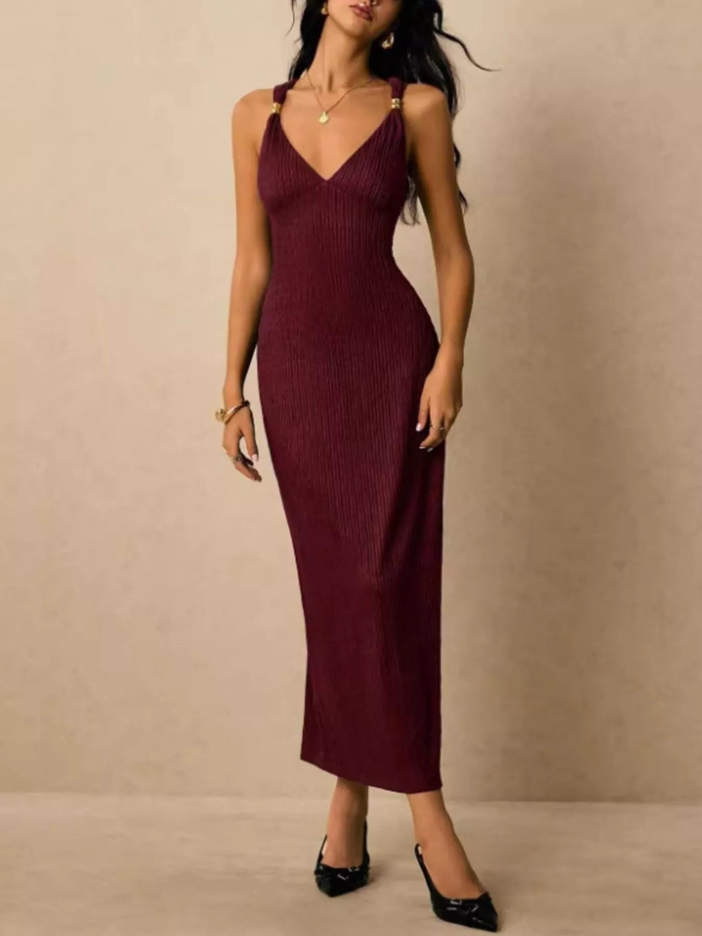 Solene Knit Midi Dress detail view styled for Avrienne