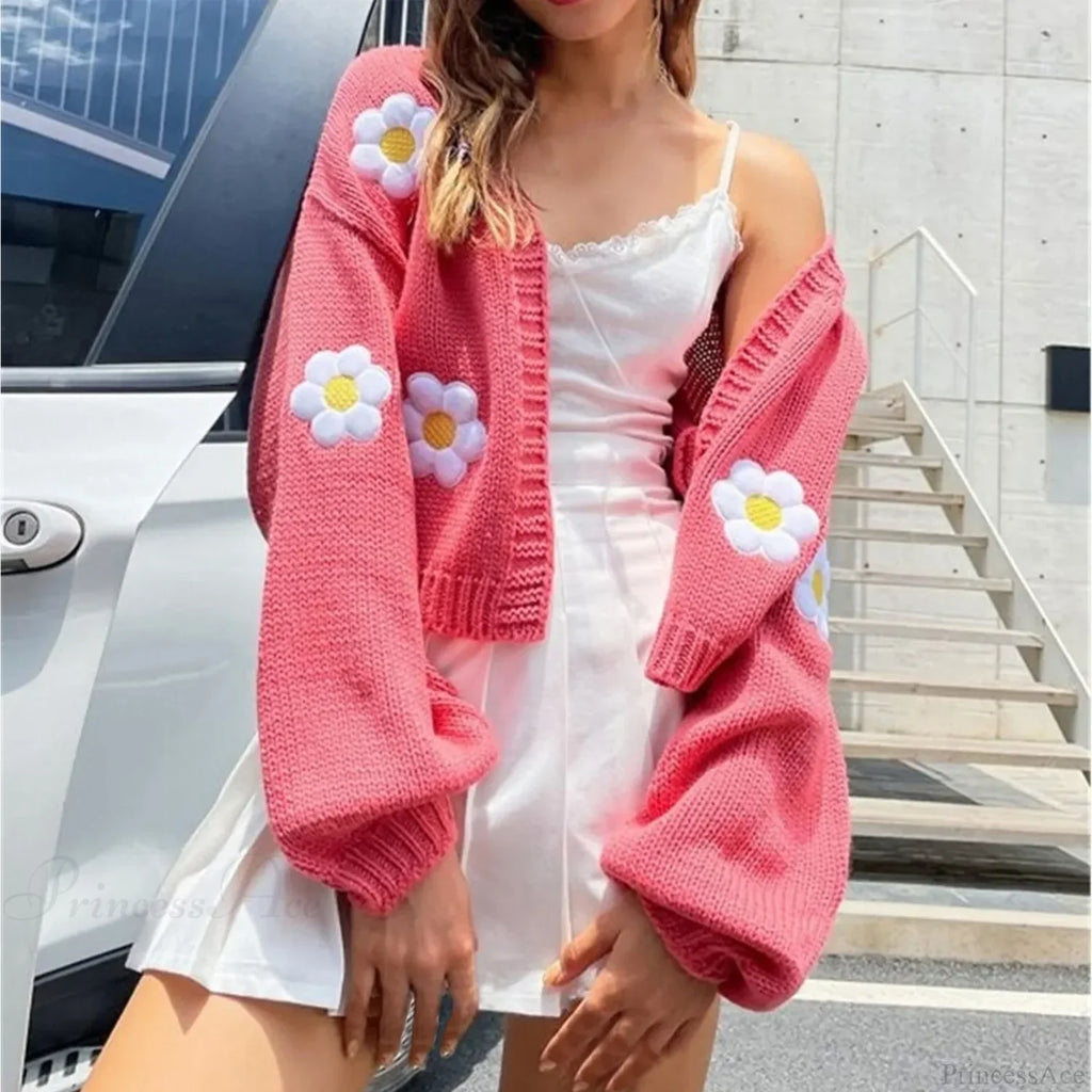 Big Flower Embroidery Warm Long Sleeve Open Stitch Cardigan image 1