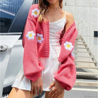 Big Flower Embroidery Warm Long Sleeve Open Stitch Cardigan image 1