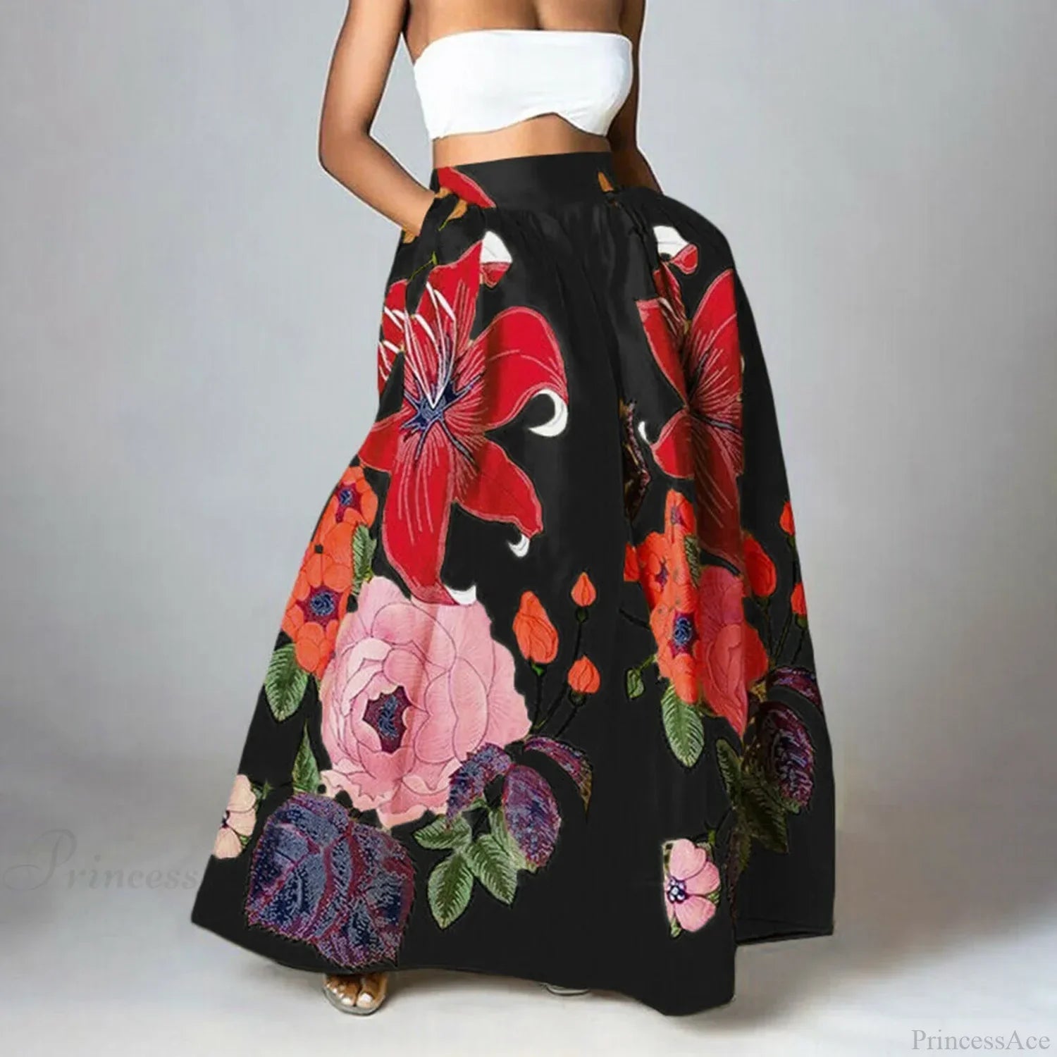 Big Flower Printed A-Line High Waist Long Maxi Skirt image 2