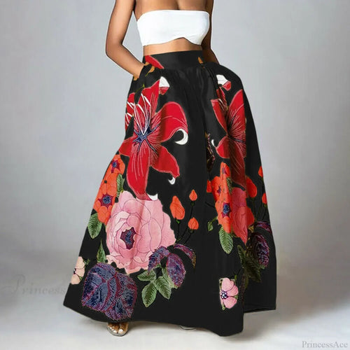 Big Flower Printed A-Line High Waist Long Maxi Skirt image 2