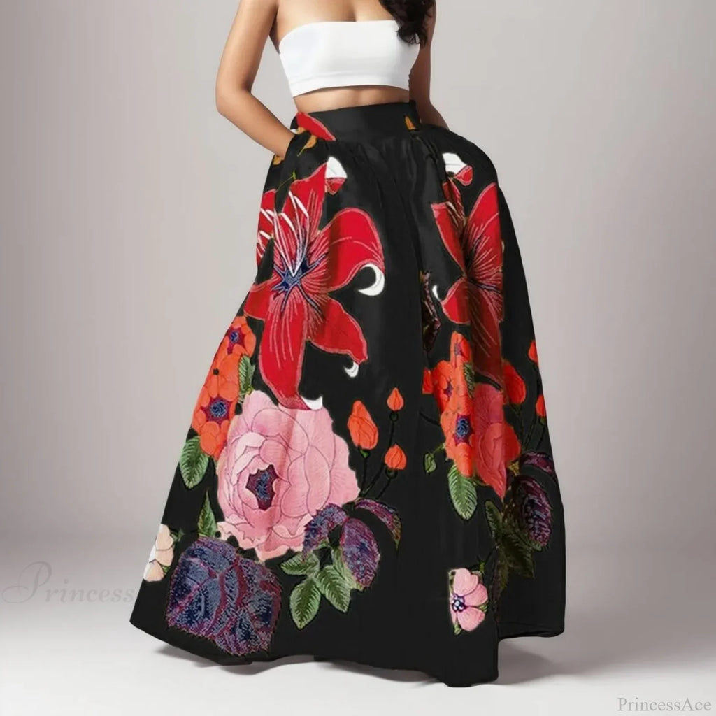 Big Flower Printed A-Line High Waist Long Maxi Skirt image 7