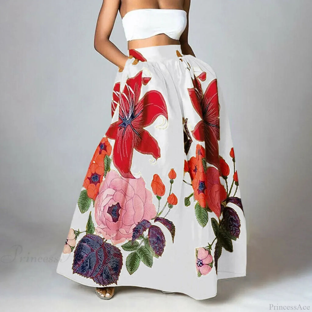Big Flower Printed A-Line High Waist Long Maxi Skirt image 1