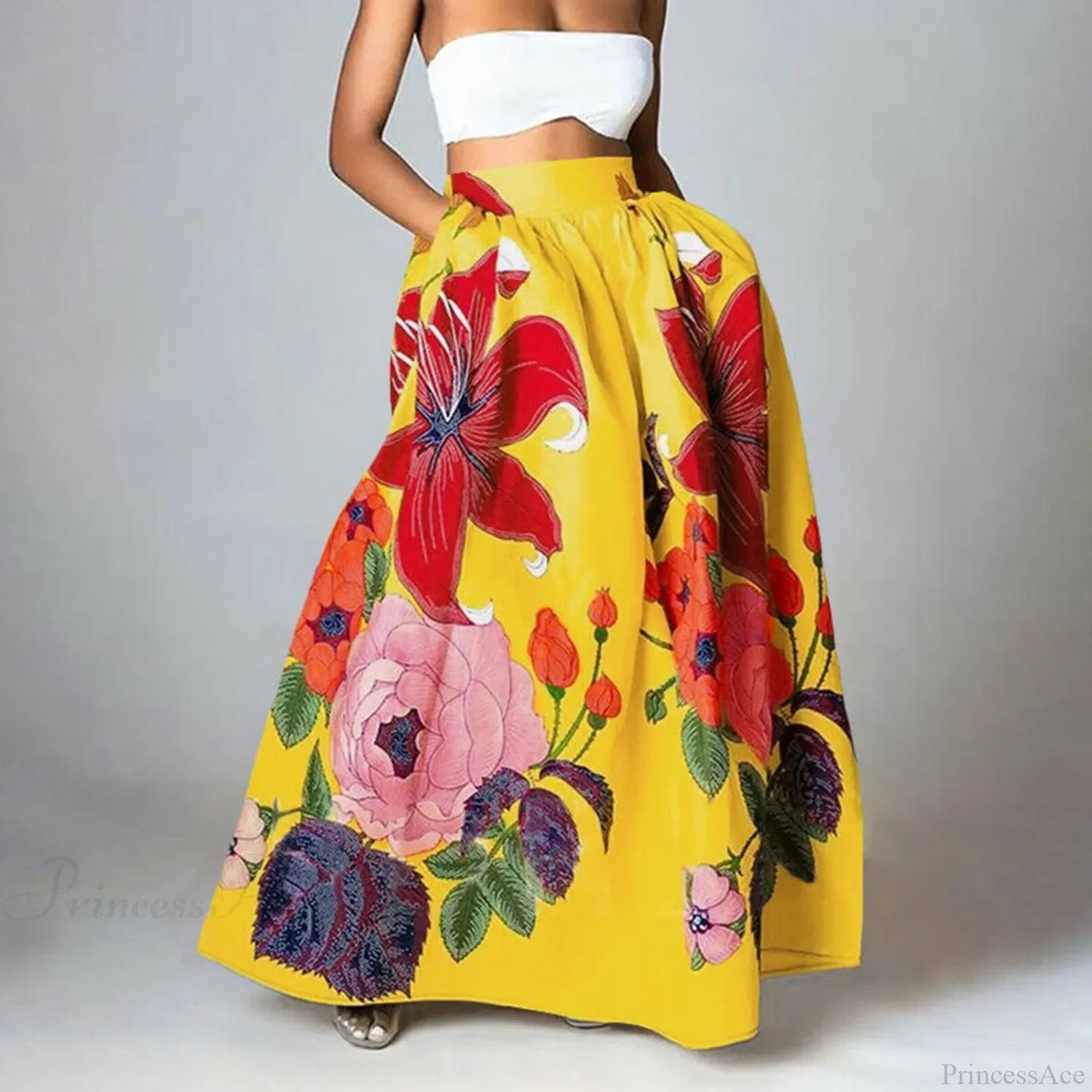 Big Flower Printed A-Line High Waist Long Maxi Skirt image 3