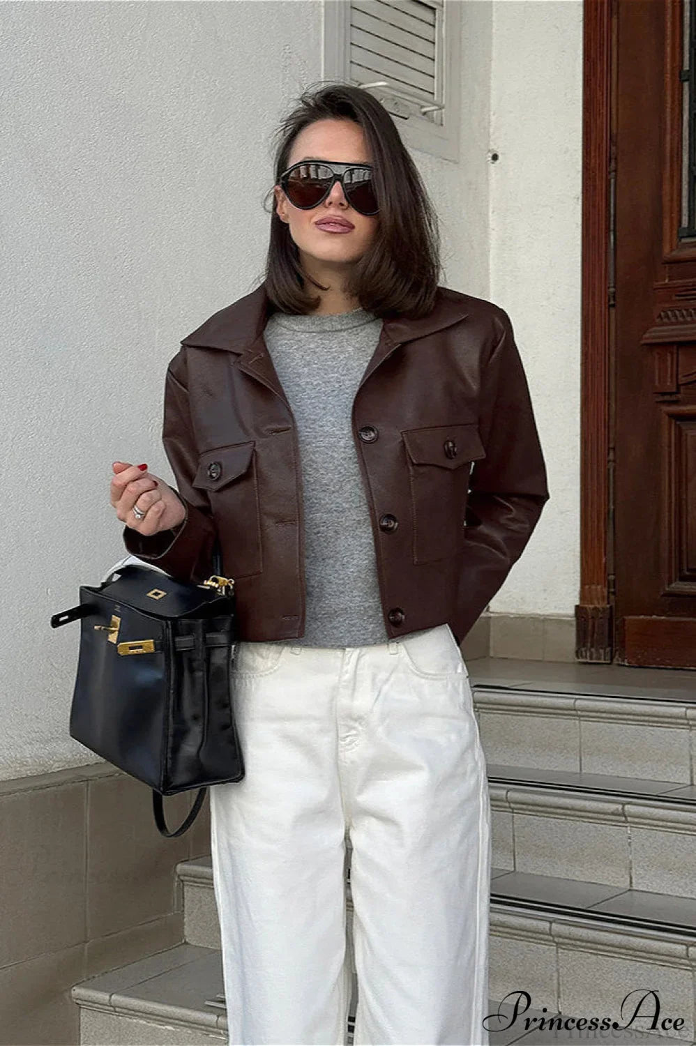 Biker Leather Collared Slim Coat image 2