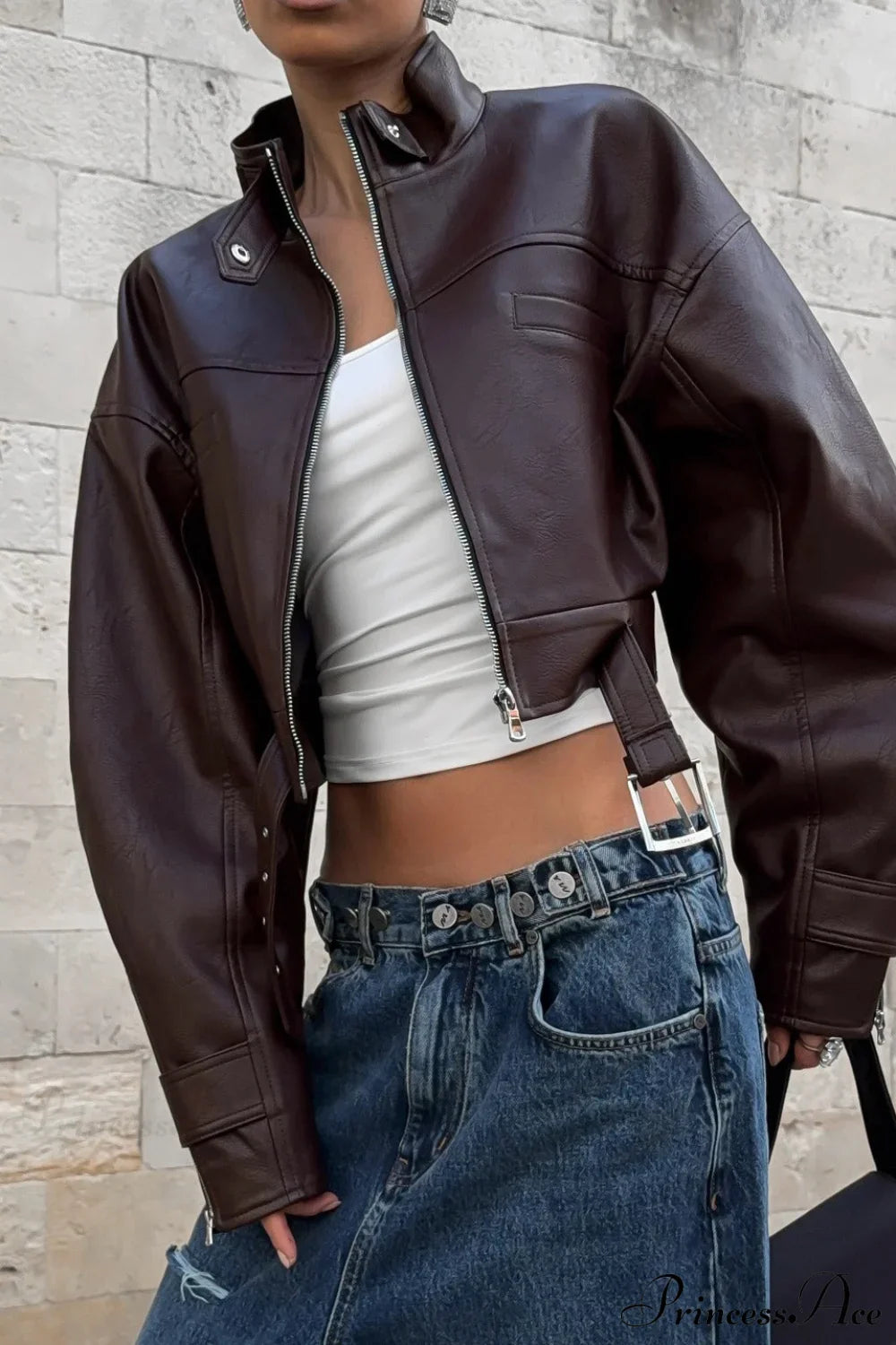 Biker Retro Leather Zip Stand Collar Short Jacket image 2
