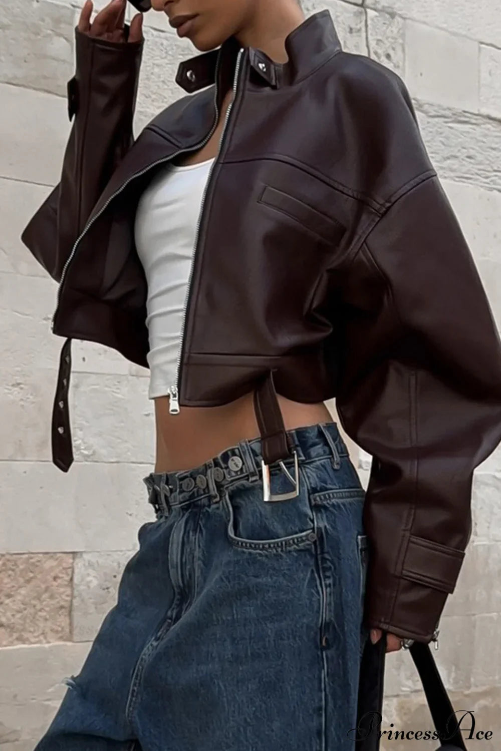 Biker Retro Leather Zip Stand Collar Short Jacket image 4