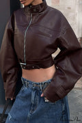 Biker Retro Leather Zip Stand Collar Short Jacket image 1