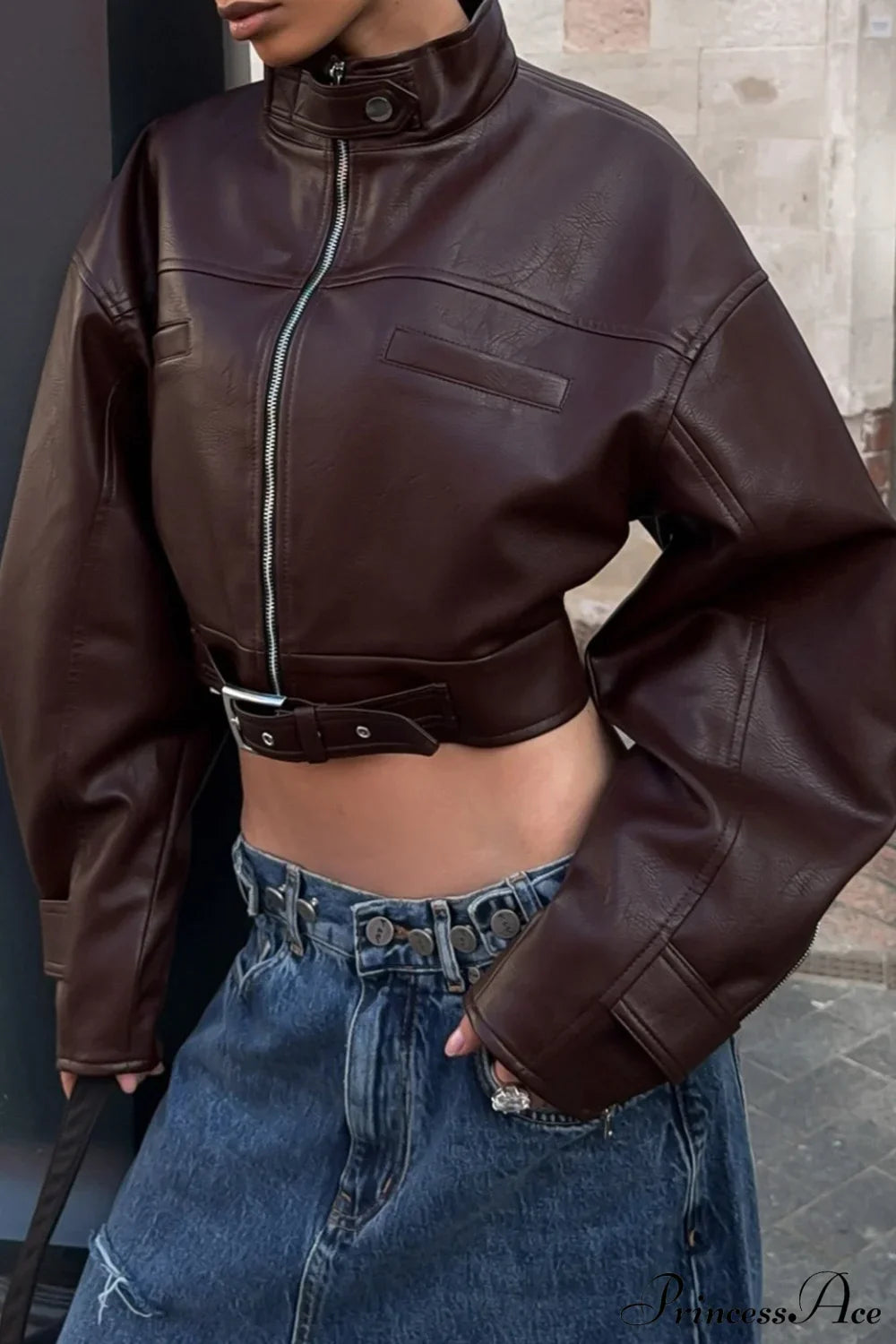 Biker Retro Leather Zip Stand Collar Short Jacket image 1