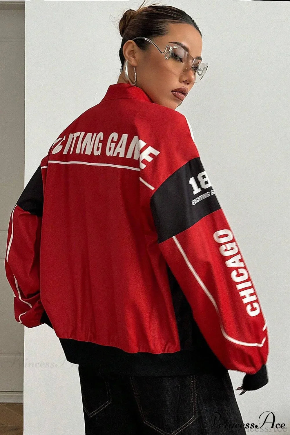 Biker Zip Letter Contrast Long Sleeve Coat image 3