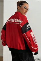 Biker Zip Letter Contrast Long Sleeve Coat image 3