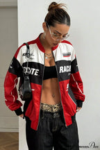 Biker Zip Letter Contrast Long Sleeve Coat image 2