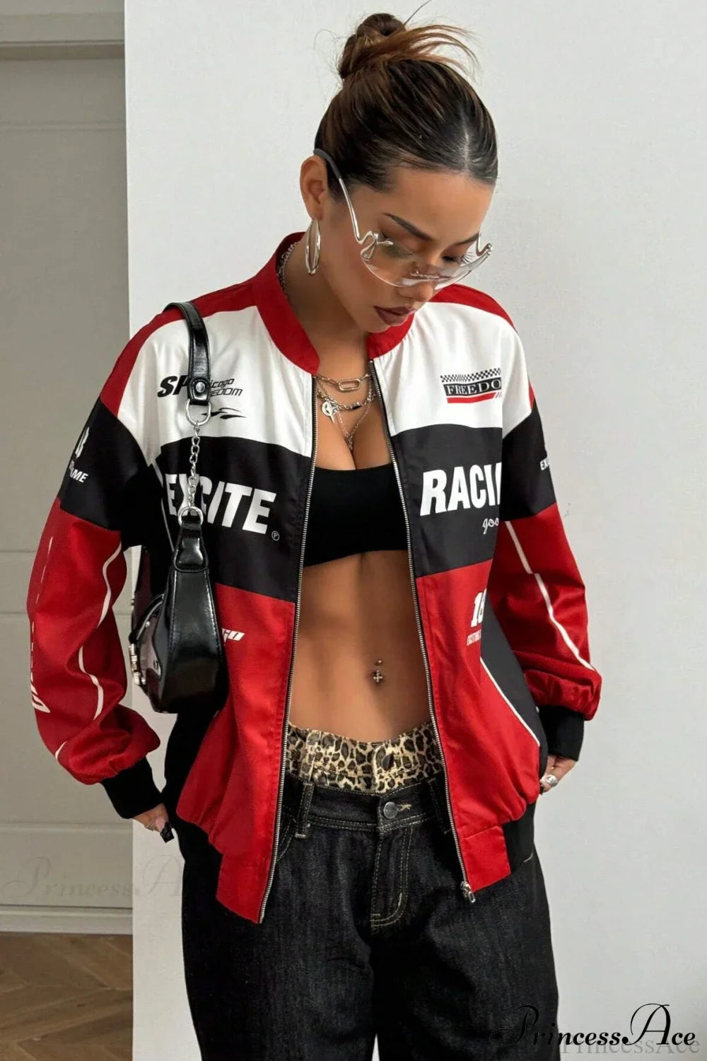 Biker Zip Letter Contrast Long Sleeve Coat image 2