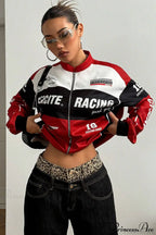 Biker Zip Letter Contrast Long Sleeve Coat image 1