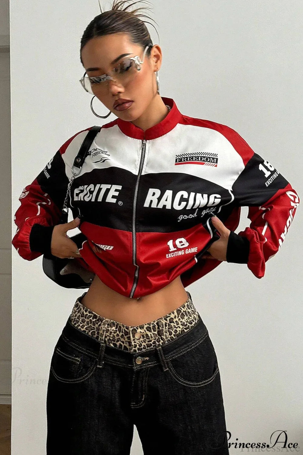 Biker Zip Letter Contrast Long Sleeve Coat image 1