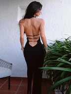 Black Backless Halter Elegant Bandage Maxi Dress image 1