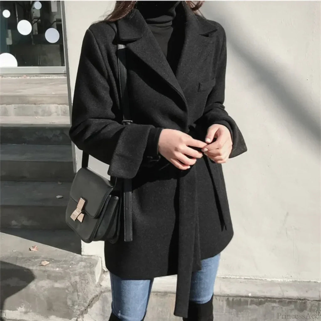 Black Blazer Wool Blend Lace-Up Overcoat image 3
