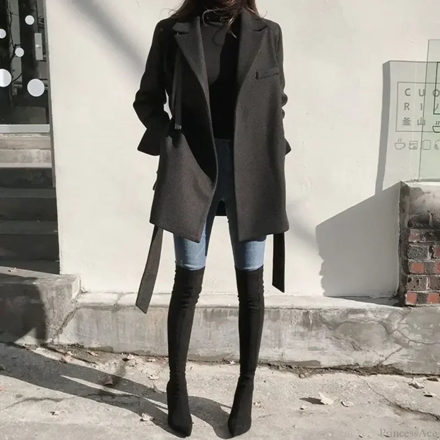 Black Blazer Wool Blend Lace-Up Overcoat image 4