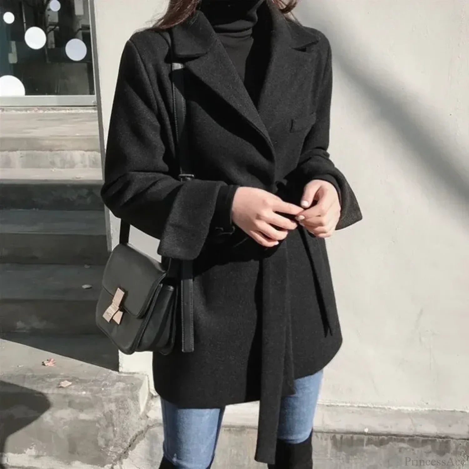 Black Blazer Wool Blend Lace-Up Overcoat image 5