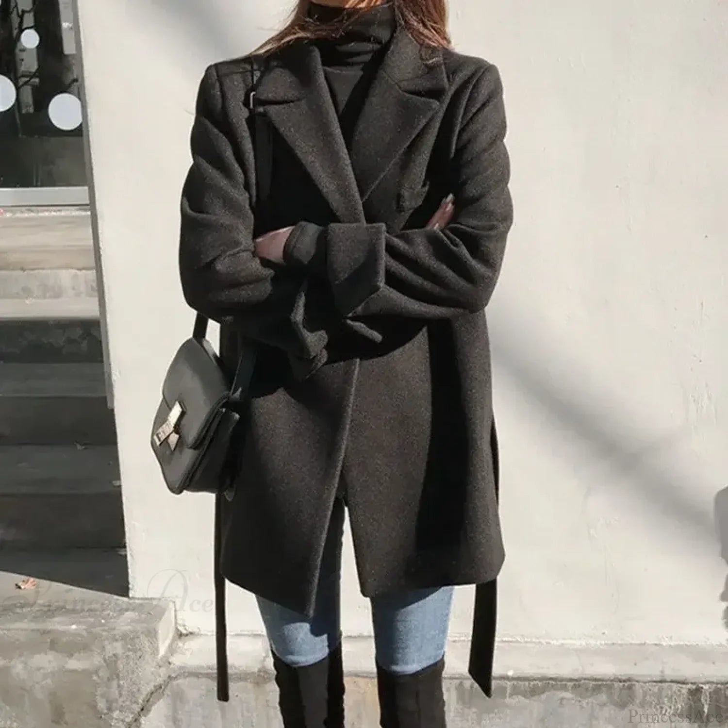 Black Blazer Wool Blend Lace-Up Overcoat image 1